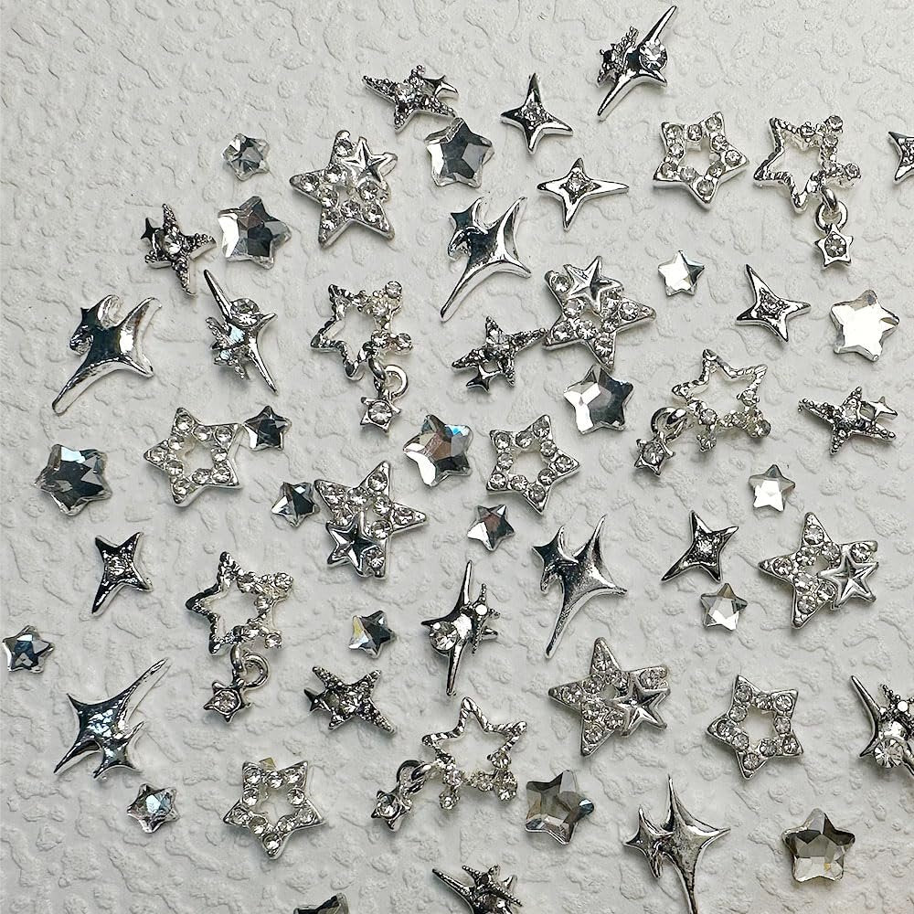 KACHIMOO 55pcs Y2K Star Nail Charms - 3D Silver Star Rhinestones for Nail Art, 9 Styles - görsel 11