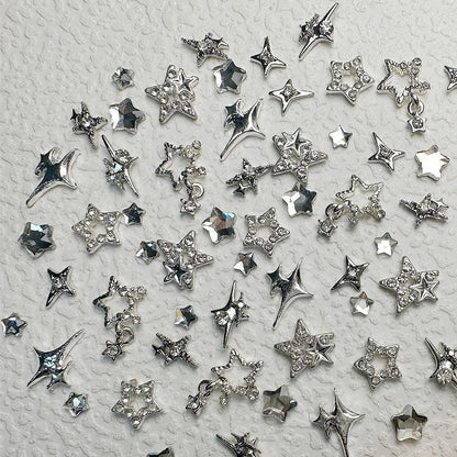 KACHIMOO 55pcs Y2K Star Nail Charms - 3D Silver Star Rhinestones for Nail Art, 9 Styles