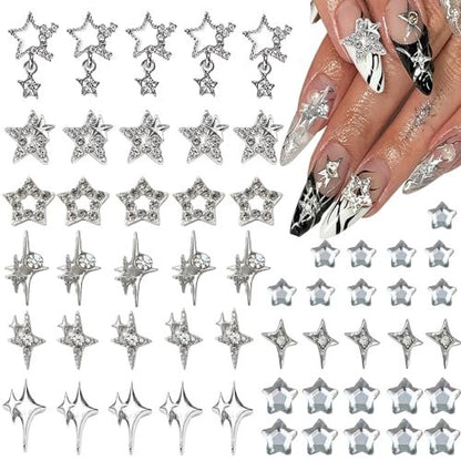 KACHIMOO 55pcs Y2K Star Nail Charms - 3D Silver Star Rhinestones for Nail Art, 9 Styles