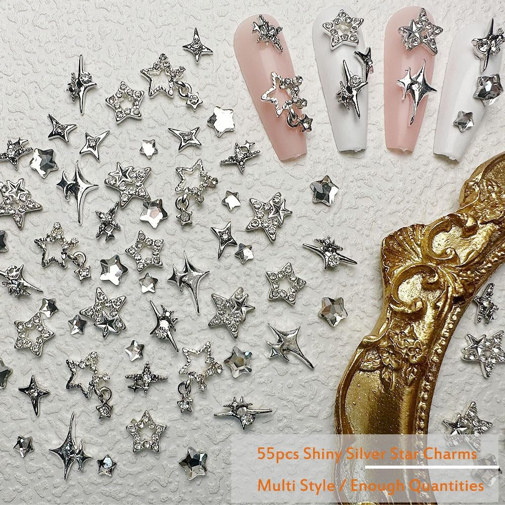 KACHIMOO 55pcs Y2K Star Nail Charms - 3D Silver Star Rhinestones for Nail Art, 9 Styles - görsel 7