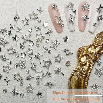 KACHIMOO 55pcs Y2K Star Nail Charms - 3D Silver Star Rhinestones for Nail Art, 9 Styles