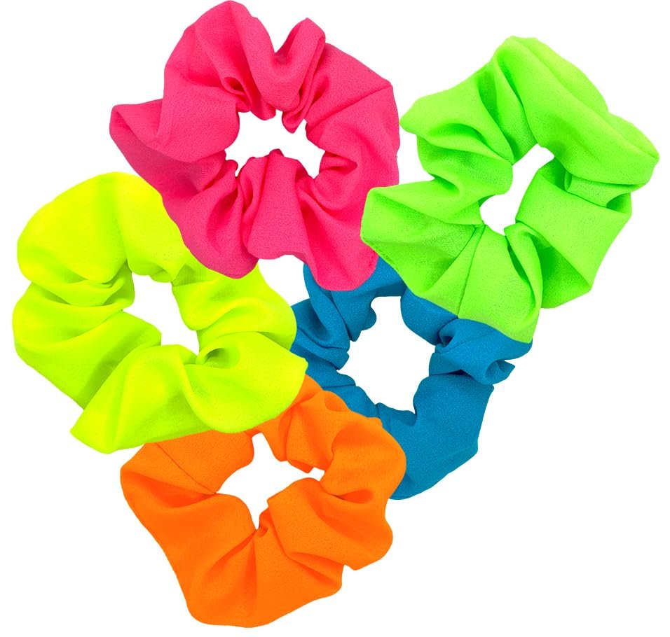 Neon Scrunchies for Hair 80s - 5 Pack Bright Elastic Hair Ties for Ponytails, Neon Party Outfits, Workout & Costume Accessories - görsel 1