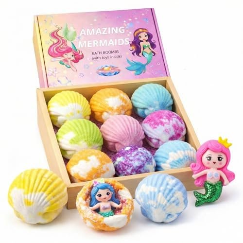Mermaid Bath Bombs for Kids with Surprise Inside - 9 Pack Natural Organic Bubble Bath Gift Set Avelisse
