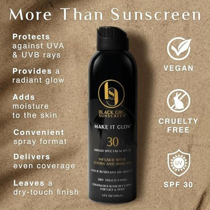Black Girl Sunscreen Make it Glow Sunscreen Spray SPF 30 - Ultra Sheer, No White Cast for Face & Body, Water Resistant 80 min, 5 oz