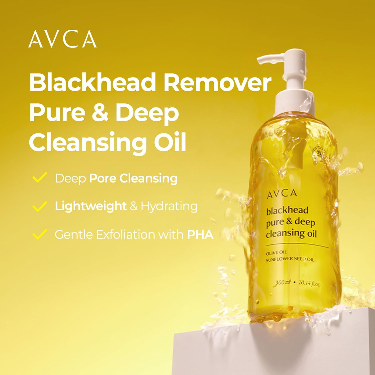 AVCA Jumbo Size Blackhead Remover Cleansing Oil 10.14 fl oz (300ml) – K-Beauty Pore Care Cleanser with PHA, Dissolves Makeup & Sebum, Gentle Exfoliating Oil Cleanser for Oily & Normal Skin Avelisse