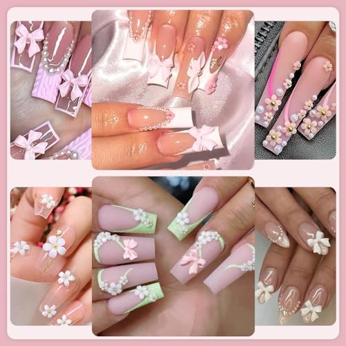 Flower Bow Nail Charms Kit - 3D Acrylic Resin Nail Art Decorations with White Half Pearls (Pink & White) - görsel 6
