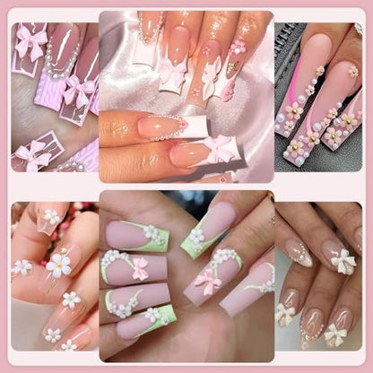 Flower Bow Nail Charms Kit - 3D Acrylic Resin Nail Art Decorations with White Half Pearls (Pink & White)