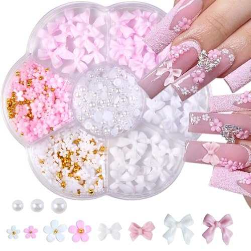 Flower Bow Nail Charms Kit - 3D Acrylic Resin Nail Art Decorations with White Half Pearls (Pink & White) - görsel 2