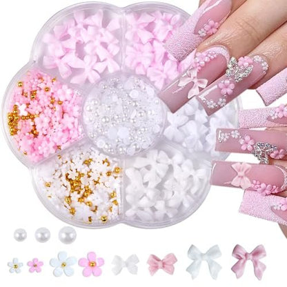 Flower Bow Nail Charms Kit - 3D Acrylic Resin Nail Art Decorations with White Half Pearls (Pink & White)