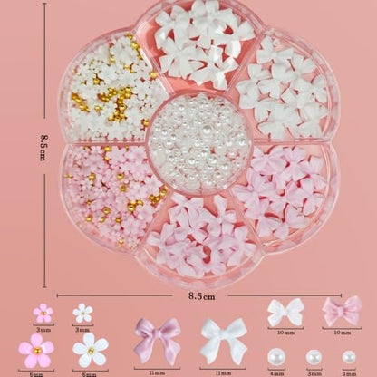 Flower Bow Nail Charms Kit - 3D Acrylic Resin Nail Art Decorations with White Half Pearls (Pink & White)