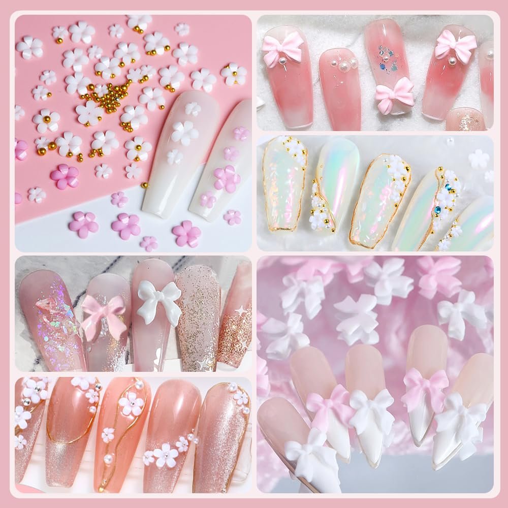 Flower Bow Nail Charms Kit - 3D Acrylic Resin Nail Art Decorations with White Half Pearls (Pink & White) - görsel 7