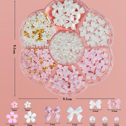 Flower Bow Nail Charms Kit - 3D Acrylic Resin Nail Art Decorations with White Half Pearls (Pink & White)