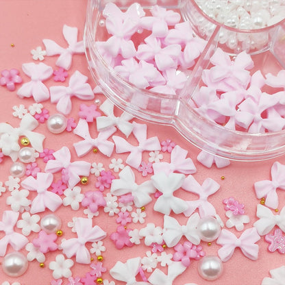 Flower Bow Nail Charms Kit - 3D Acrylic Resin Nail Art Decorations with White Half Pearls (Pink & White)