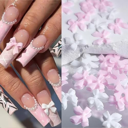Flower Bow Nail Charms Kit - 3D Acrylic Resin Nail Art Decorations with White Half Pearls (Pink & White)