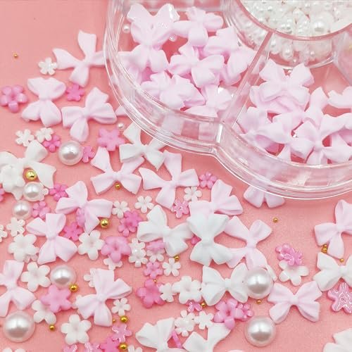 Flower Bow Nail Charms Kit - 3D Acrylic Resin Nail Art Decorations with White Half Pearls (Pink & White) - görsel 10