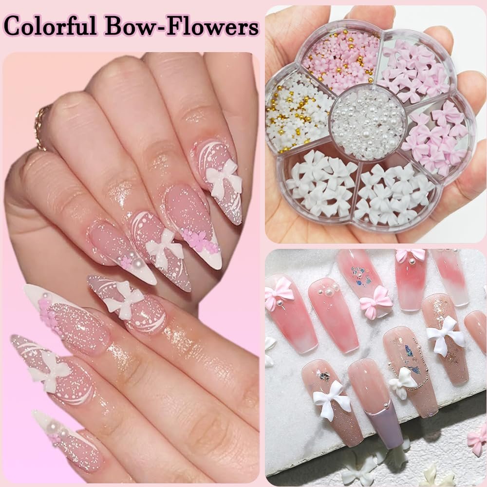 Flower Bow Nail Charms Kit - 3D Acrylic Resin Nail Art Decorations with White Half Pearls (Pink & White) - görsel 11
