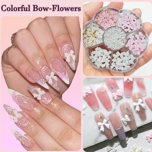 Flower Bow Nail Charms Kit - 3D Acrylic Resin Nail Art Decorations with White Half Pearls (Pink & White) - görsel 12