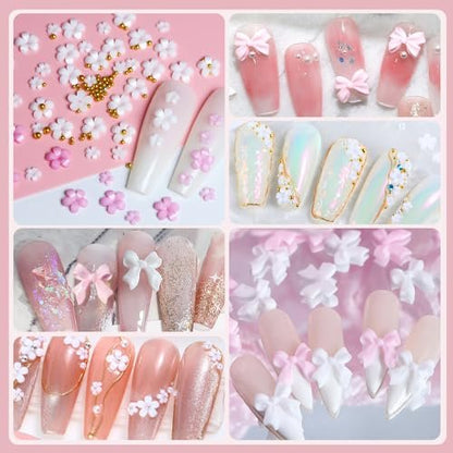 Flower Bow Nail Charms Kit - 3D Acrylic Resin Nail Art Decorations with White Half Pearls (Pink & White)