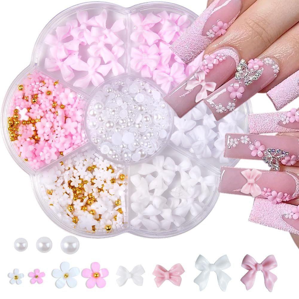Flower Bow Nail Charms Kit - 3D Acrylic Resin Nail Art Decorations with White Half Pearls (Pink & White) - görsel 1