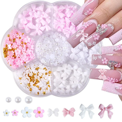 Flower Bow Nail Charms Kit - 3D Acrylic Resin Nail Art Decorations with White Half Pearls (Pink & White)