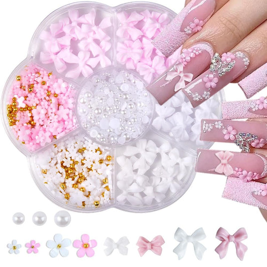 Flower Bow Nail Charms Kit - 3D Acrylic Resin Nail Art Decorations with White Half Pearls (Pink & White)