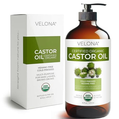 velona USDA Certified Organic Castor Oil – 16 fl oz in Glass Bottle | Cold-Pressed, Hexane-Free, USP Grade | Promotes Hair Growth, Eyelash & Eyebrow Enhancement | Bottled in USA Avelisse