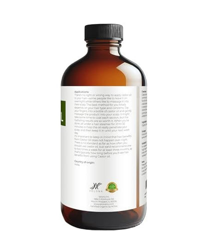 velona USDA Certified Organic Castor Oil – 16 fl oz in Glass Bottle | Cold-Pressed, Hexane-Free, USP Grade | Promotes Hair Growth, Eyelash & Eyebrow Enhancement | Bottled in USA Avelisse
