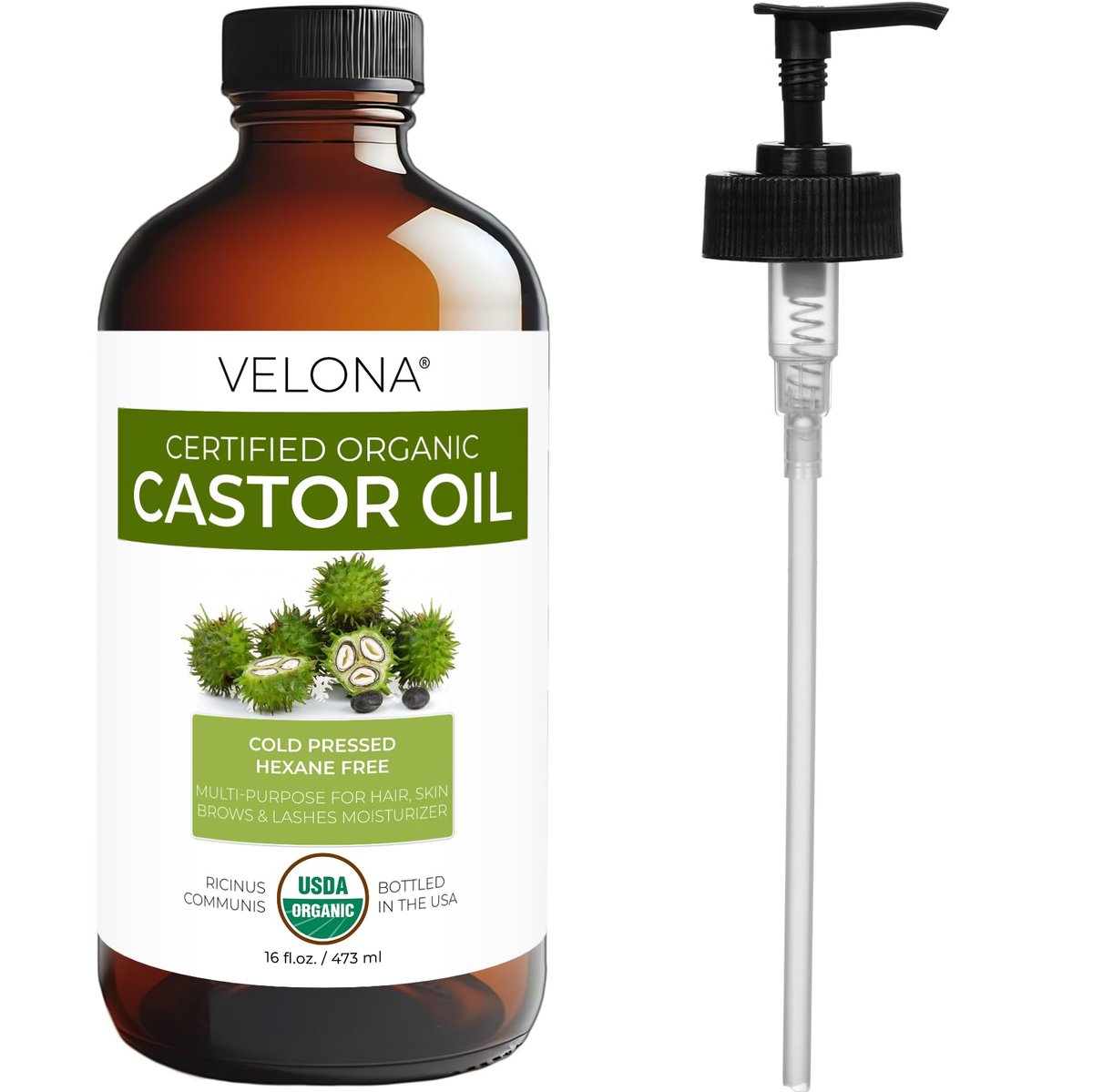 velona USDA Certified Organic Castor Oil – 16 fl oz in Glass Bottle | Cold-Pressed, Hexane-Free, USP Grade | Promotes Hair Growth, Eyelash & Eyebrow Enhancement | Bottled in USA Avelisse