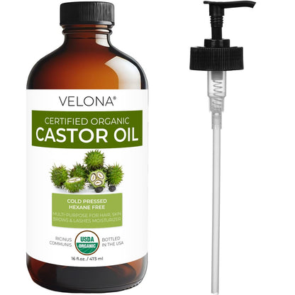 velona USDA Certified Organic Castor Oil – 16 fl oz in Glass Bottle | Cold-Pressed, Hexane-Free, USP Grade | Promotes Hair Growth, Eyelash & Eyebrow Enhancement | Bottled in USA Avelisse