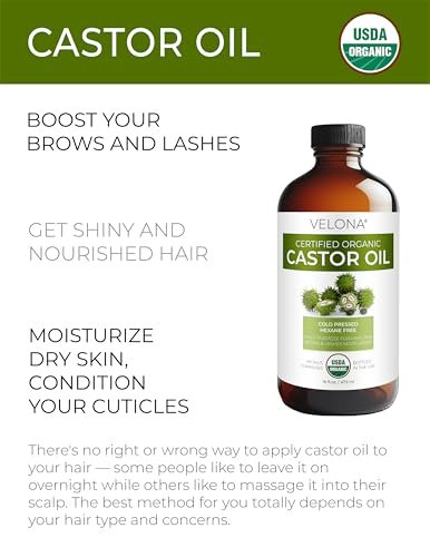 velona USDA Certified Organic Castor Oil – 16 fl oz in Glass Bottle | Cold-Pressed, Hexane-Free, USP Grade | Promotes Hair Growth, Eyelash & Eyebrow Enhancement | Bottled in USA Avelisse