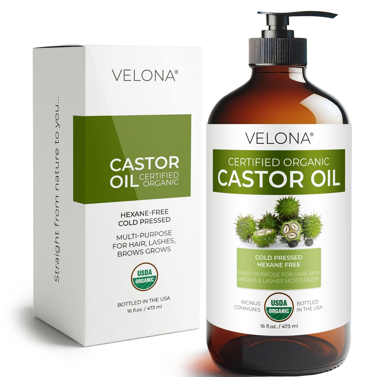 velona USDA Certified Organic Castor Oil – 16 fl oz in Glass Bottle | Cold-Pressed, Hexane-Free, USP Grade | Promotes Hair Growth, Eyelash & Eyebrow Enhancement | Bottled in USA Avelisse
