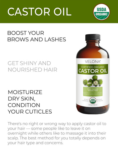 velona USDA Certified Organic Castor Oil – 16 fl oz in Glass Bottle | Cold-Pressed, Hexane-Free, USP Grade | Promotes Hair Growth, Eyelash & Eyebrow Enhancement | Bottled in USA Avelisse