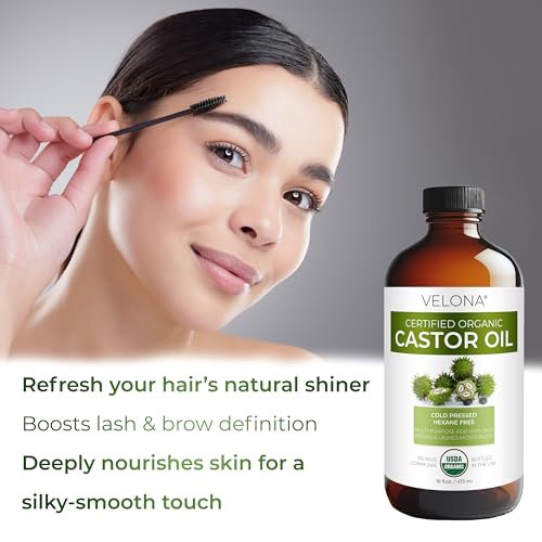 velona USDA Certified Organic Castor Oil – 16 fl oz in Glass Bottle | Cold-Pressed, Hexane-Free, USP Grade | Promotes Hair Growth, Eyelash & Eyebrow Enhancement | Bottled in USA Avelisse