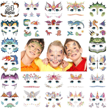 Partywind 24 Styles Face Temporary Tattoos for Kids - Dinosaur Fake Tattoo Stickers for Boys Girls Party Favors, Birthday Games, Goodie Bag Stuffers