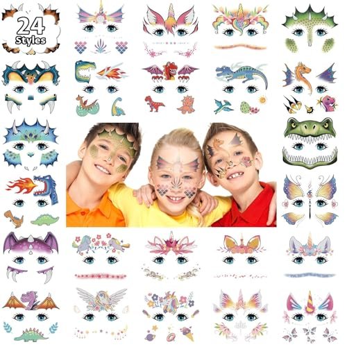 Partywind 24 Styles Face Temporary Tattoos for Kids - Dinosaur Fake Tattoo Stickers for Boys Girls Party Favors, Birthday Games, Goodie Bag Stuffers - görsel 2