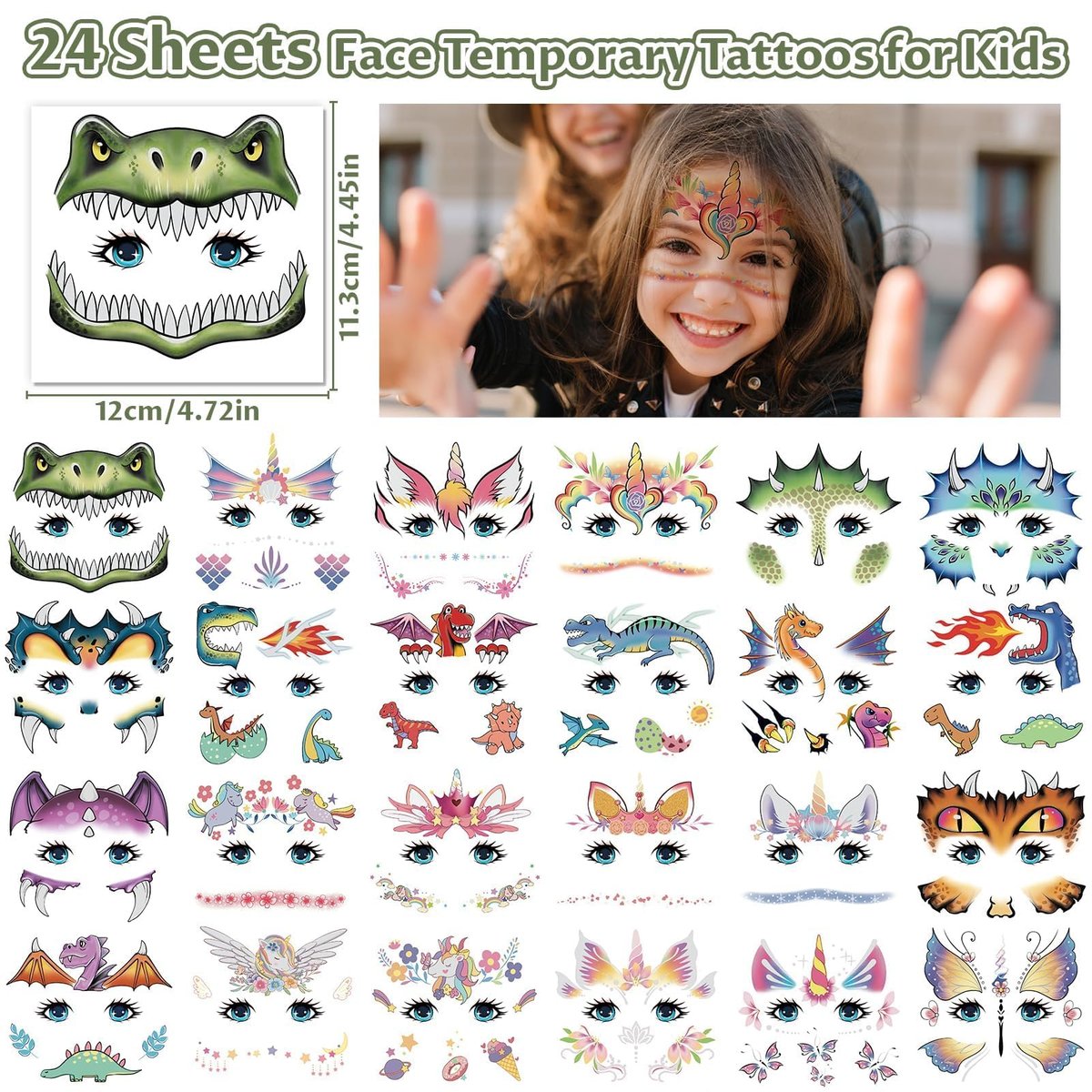 Partywind 24 Styles Face Temporary Tattoos for Kids - Dinosaur Fake Tattoo Stickers for Boys Girls Party Favors, Birthday Games, Goodie Bag Stuffers - görsel 3