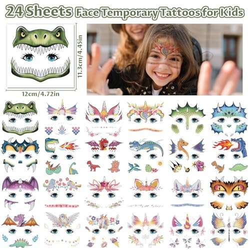 Partywind 24 Styles Face Temporary Tattoos for Kids - Dinosaur Fake Tattoo Stickers for Boys Girls Party Favors, Birthday Games, Goodie Bag Stuffers - görsel 4