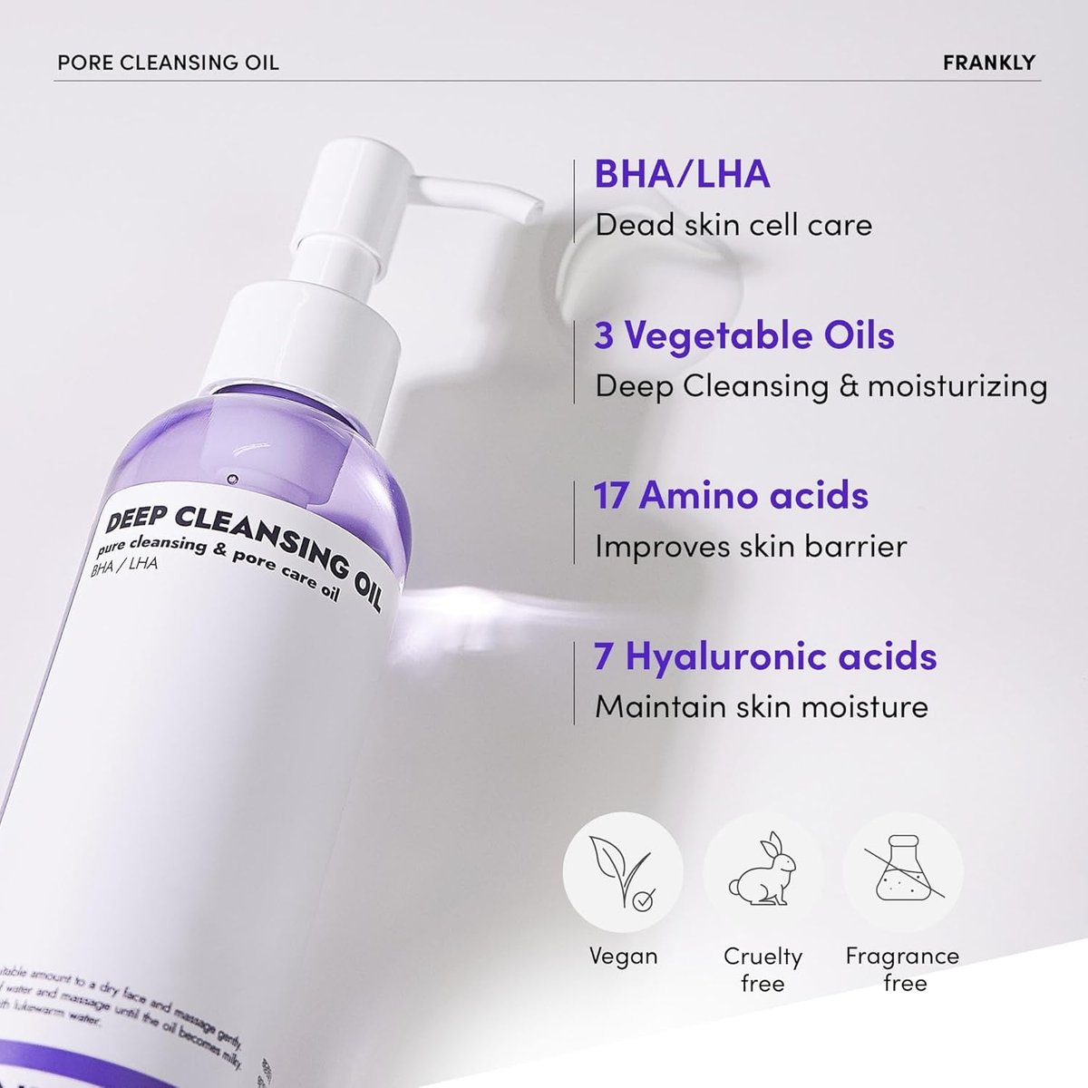 FRANKLY Pore Cleansing Oil – Deep Makeup Remover & Blackhead Cleanser with BHA, LHA, Amino Acids & Hyaluronic Acid for All Skin Types | Korean Skin Care | 6.8 fl oz Avelisse
