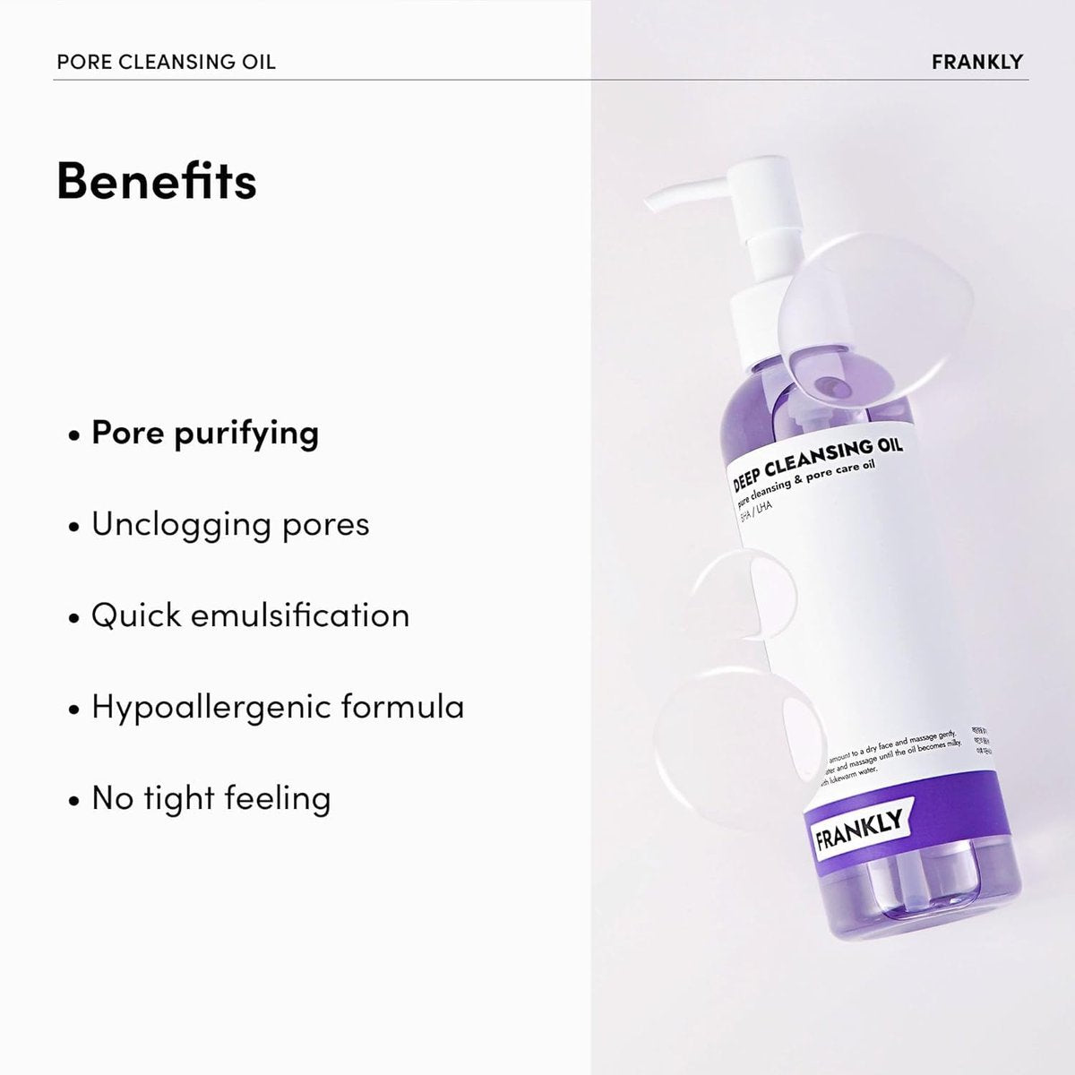 FRANKLY Pore Cleansing Oil – Deep Makeup Remover & Blackhead Cleanser with BHA, LHA, Amino Acids & Hyaluronic Acid for All Skin Types | Korean Skin Care | 6.8 fl oz Avelisse