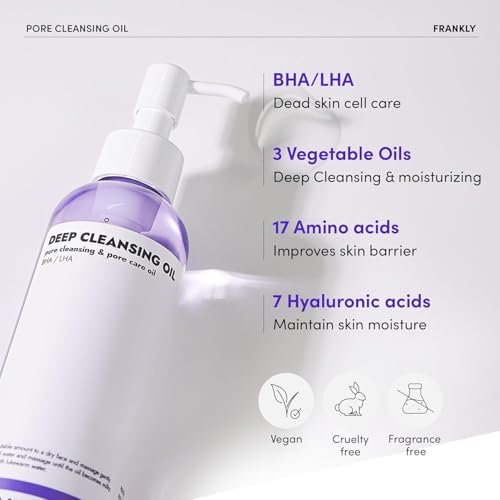 FRANKLY Pore Cleansing Oil – Deep Makeup Remover & Blackhead Cleanser with BHA, LHA, Amino Acids & Hyaluronic Acid for All Skin Types | Korean Skin Care | 6.8 fl oz Avelisse