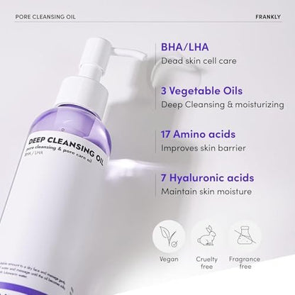 FRANKLY Pore Cleansing Oil – Deep Makeup Remover & Blackhead Cleanser with BHA, LHA, Amino Acids & Hyaluronic Acid for All Skin Types | Korean Skin Care | 6.8 fl oz Avelisse