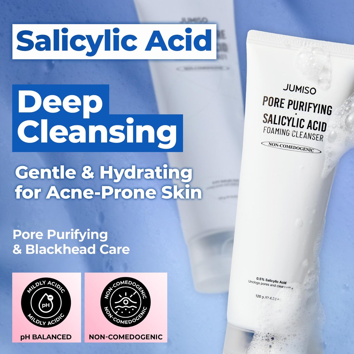 JUMISO Salicylic Acid 0.5% BHA Foaming Cleanser with Blue Clay – Low pH, Fragrance-Free Face Wash for Oily & Acne-Prone Skin – Blackhead & Pore Care, Non-Comedogenic, 4.23 oz Avelisse