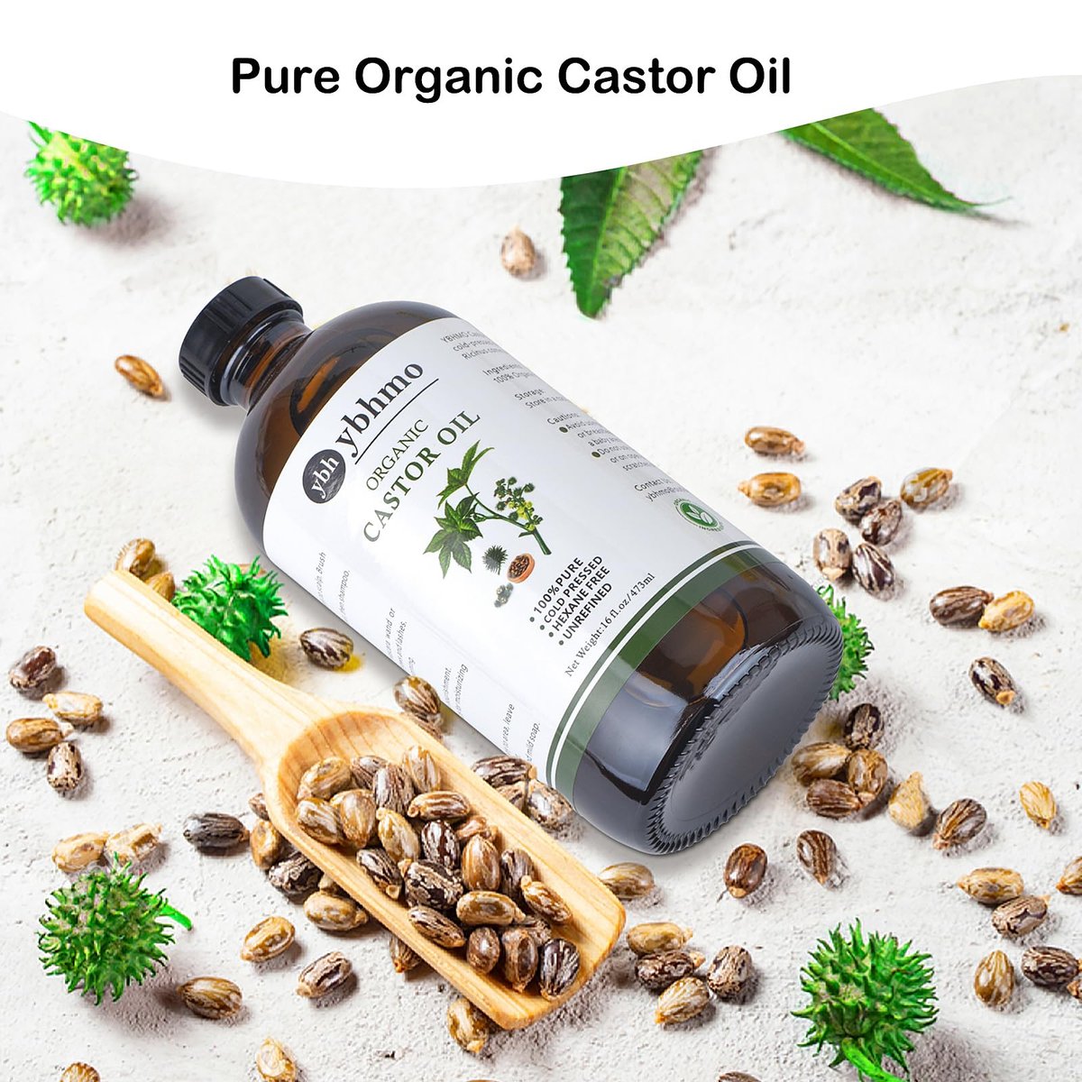YBHMO Cold Pressed Castor Oil Organic Glass Bottle (16 Fl Oz) - 100% Pure, Hexane Free for Hair Growth, Castor Oil Packs & Body Moisturizer Avelisse