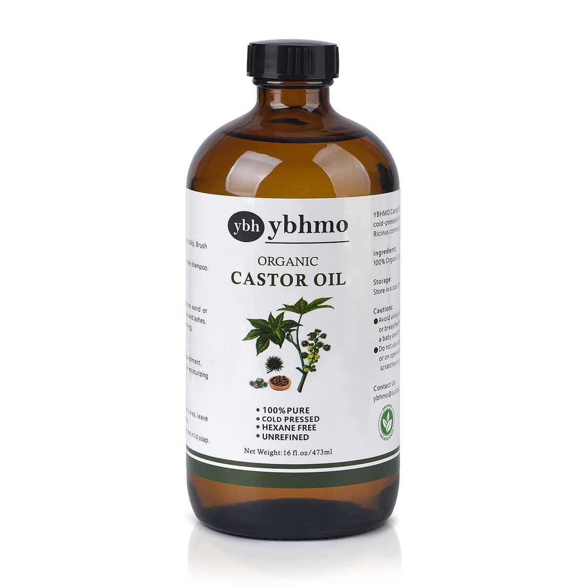 YBHMO Cold Pressed Castor Oil Organic Glass Bottle (16 Fl Oz) - 100% Pure, Hexane Free for Hair Growth, Castor Oil Packs & Body Moisturizer Avelisse