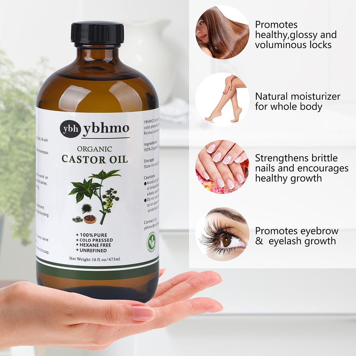 YBHMO Cold Pressed Castor Oil Organic Glass Bottle (16 Fl Oz) - 100% Pure, Hexane Free for Hair Growth, Castor Oil Packs & Body Moisturizer Avelisse