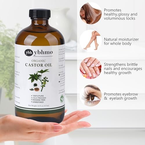 YBHMO Cold Pressed Castor Oil Organic Glass Bottle (16 Fl Oz) - 100% Pure, Hexane Free for Hair Growth, Castor Oil Packs & Body Moisturizer Avelisse
