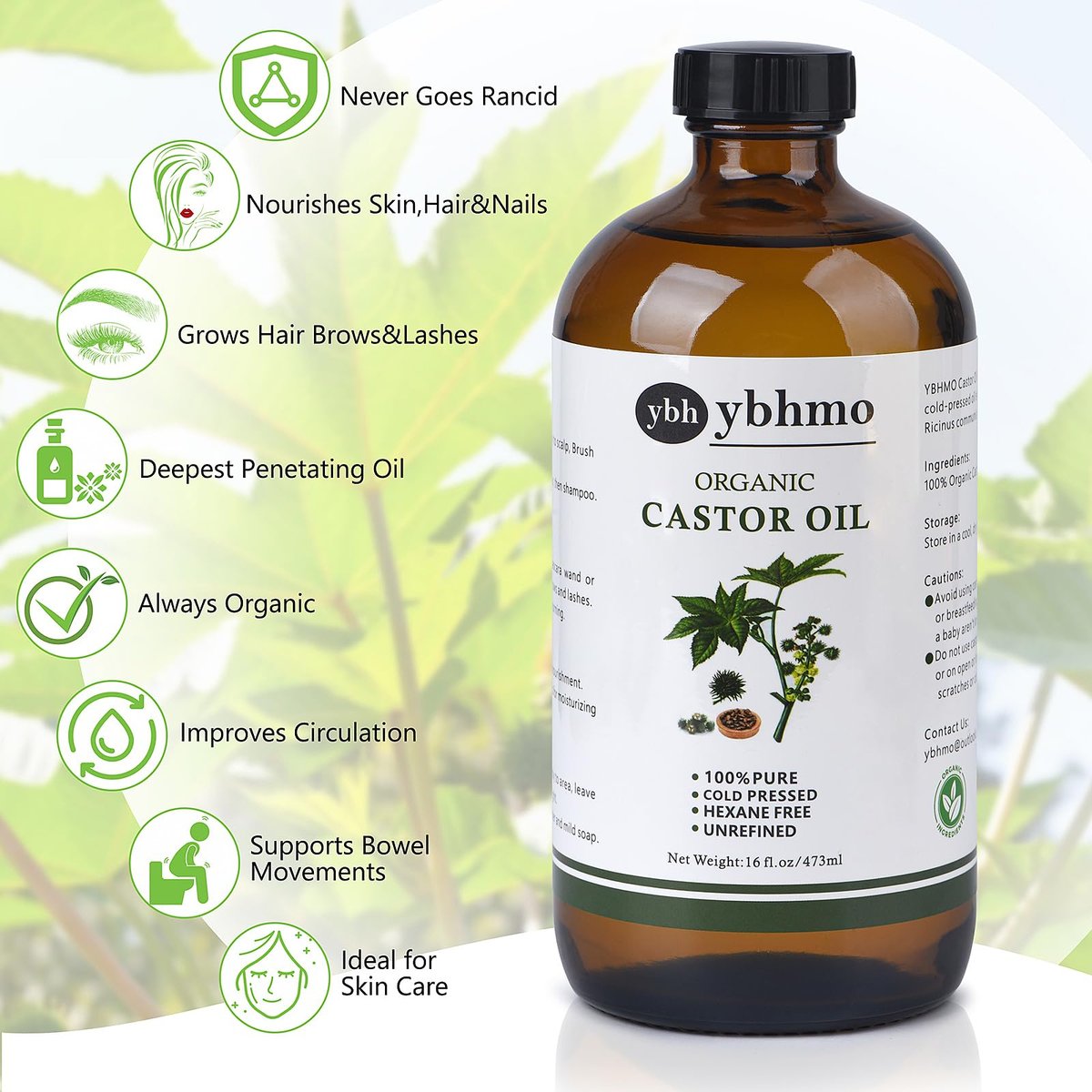 YBHMO Cold Pressed Castor Oil Organic Glass Bottle (16 Fl Oz) - 100% Pure, Hexane Free for Hair Growth, Castor Oil Packs & Body Moisturizer Avelisse