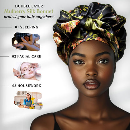 Wild Rose 100% Pure Mulberry Silk Hair Bonnet - Reversible Wonder Loop with Ties for Curly Hair - Handmade in USA Avelisse
