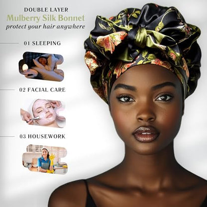 Wild Rose 100% Pure Mulberry Silk Hair Bonnet - Reversible Wonder Loop with Ties for Curly Hair - Handmade in USA Avelisse