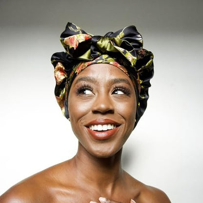 Wild Rose 100% Pure Mulberry Silk Hair Bonnet - Reversible Wonder Loop with Ties for Curly Hair - Handmade in USA Avelisse